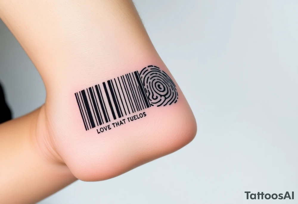 A barcode seamlessly merging into a fingerprint, symbolizing love that is unique and irreplaceable. tattoo idea