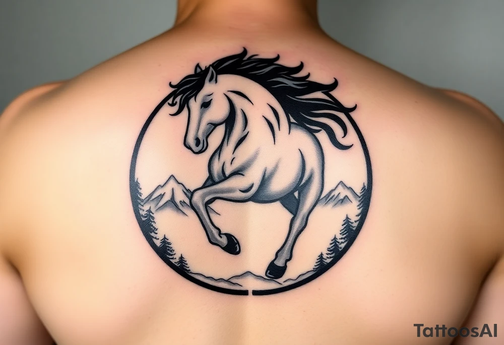 A golden mustang horse with black mane and legs, captured in motion inside a circle. The mountains and nature should frame the design, blending with the horse's black fur as a base to represent the landscape. Experiment with using the black fur to shape the mountains, playing with edges or interior details. tattoo idea