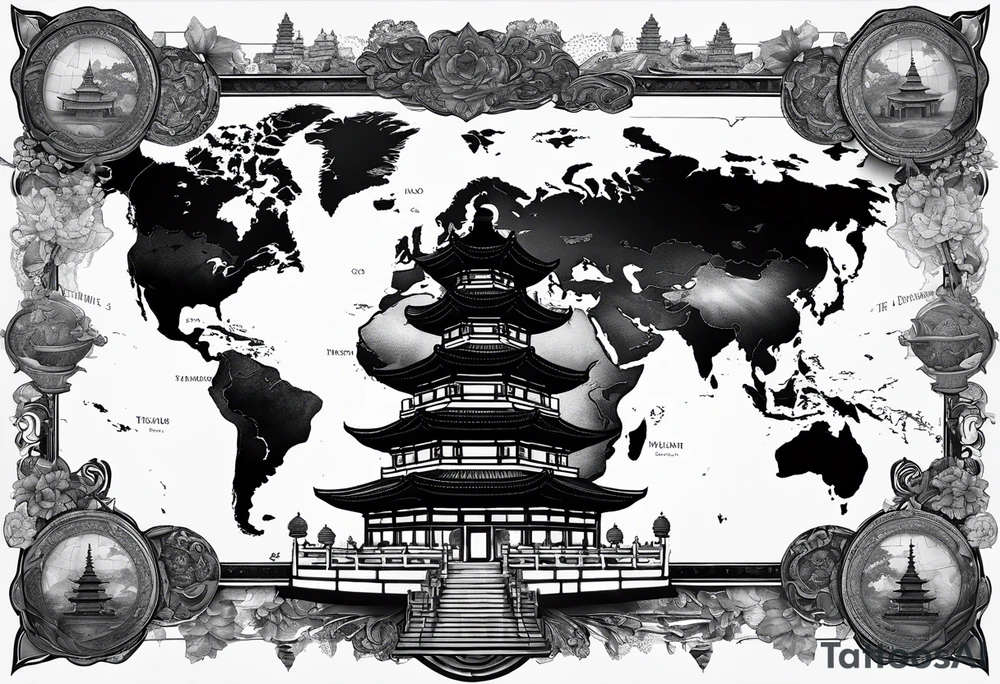 a old world map as the background with a small Buddhist temple at the bottom tattoo idea