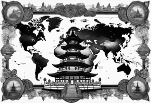 a old world map as the background with a small Buddhist temple at the bottom tattoo idea