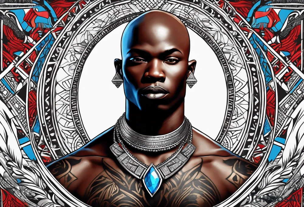 Black-skinned bald african warrior. He wears  a small silver crown. He wears two simple necklaces: one blue, other red. Looking front tattoo idea