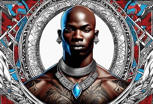 Black-skinned bald african warrior. He wears  a small silver crown. He wears two simple necklaces: one blue, other red. Looking front tattoo idea