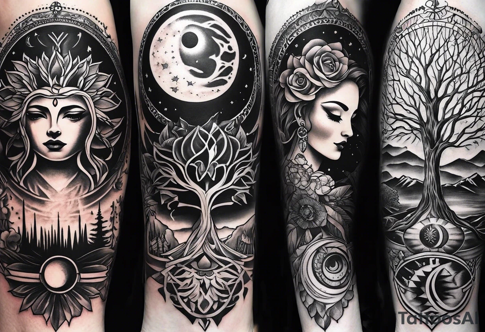 spiritual feminine tattoo for sleeve without faces, just sun and moon, tree of life and powerful symbols tattoo idea