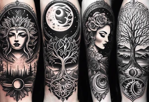spiritual feminine tattoo for sleeve without faces, just sun and moon, tree of life and powerful symbols tattoo idea