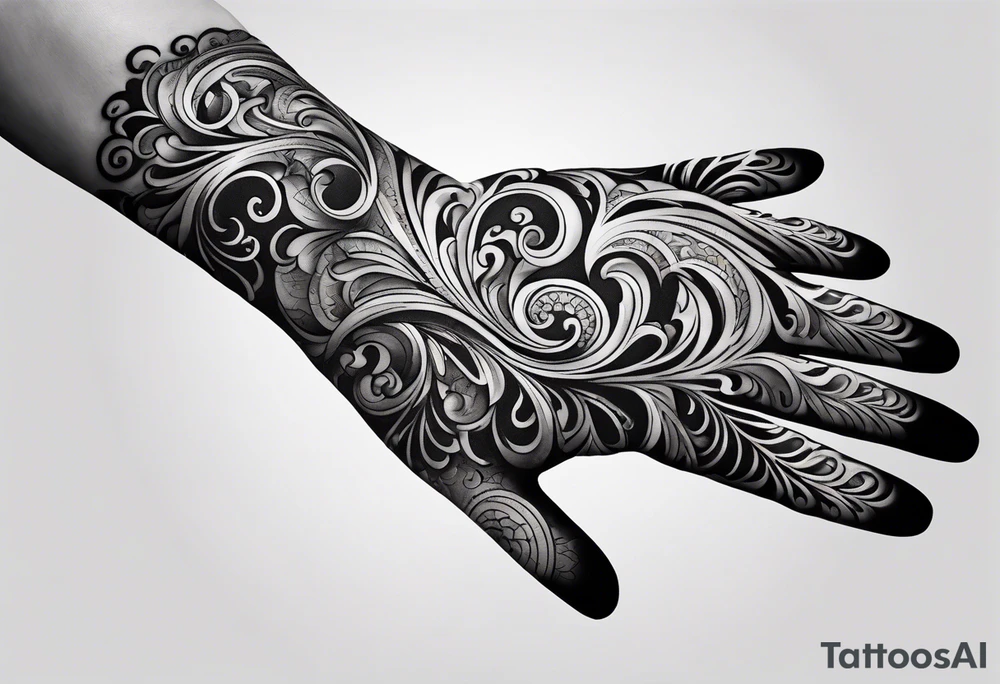 Forearm sleeve and glove with swirls up to the elbow like a elbow length lace glove tattoo idea