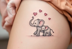 A mother elephant in grey ink walking trunk-to-tail with her baby, with pink hearts floating above, shows gentle guidance and love. tattoo idea