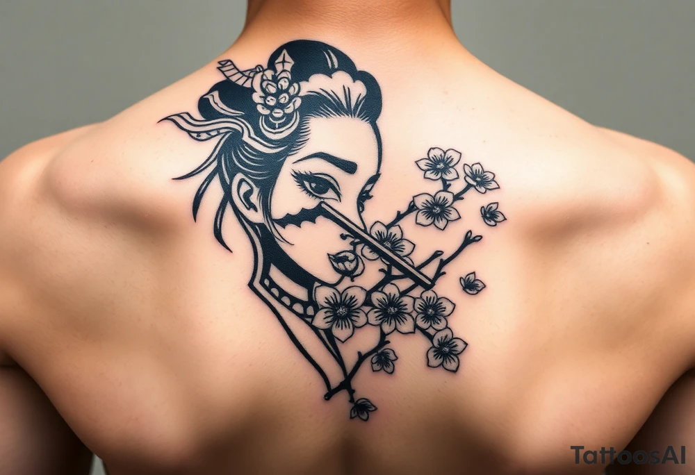 Samurai beauty Asian face and half
 with a fan across her face with cherry blossom tattoo idea