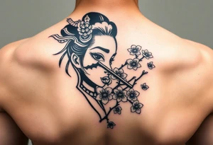 Samurai beauty Asian face and half
 with a fan across her face with cherry blossom tattoo idea