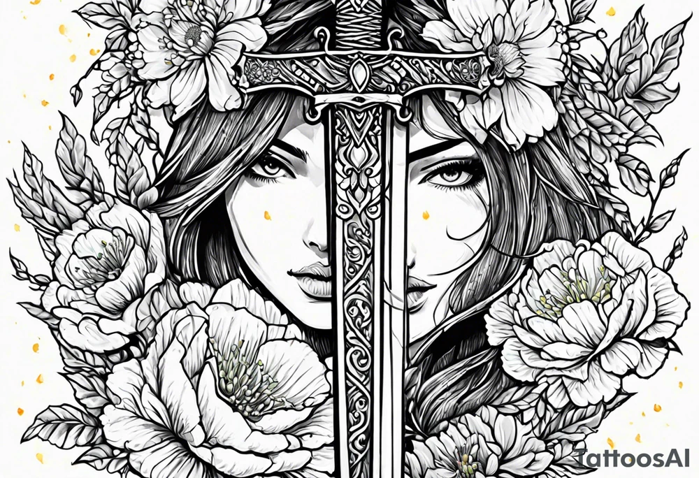 Sword with January, May and June birth flowers wrapped around it. Flowers need to be wrapped around the sword tattoo idea