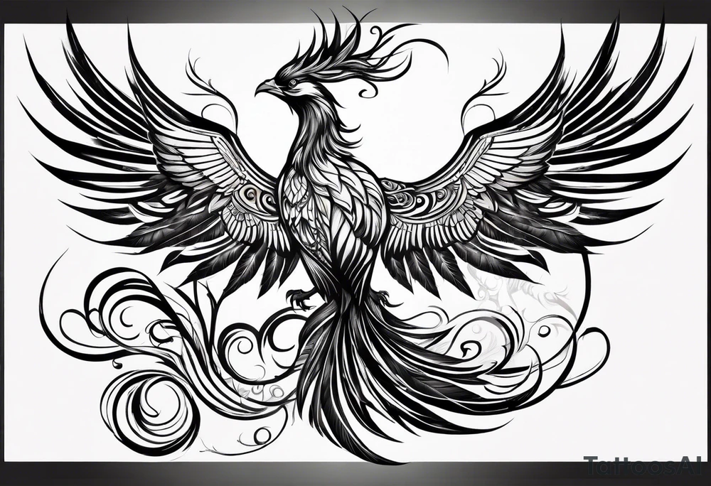 tribal pheonix with long tail curling tattoo idea