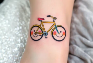 A bicycle with the wheels forming smiling faces, with a blend of bright colors like yellow, orange, and pink for a light-hearted, cheerful design. tattoo idea