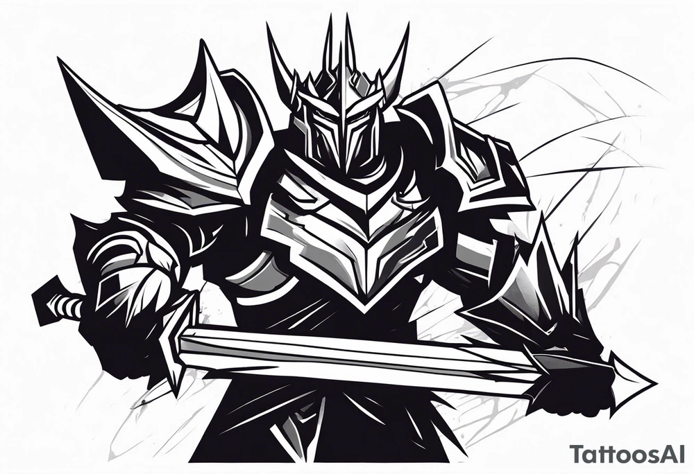 Mordekaiser from league of legends with armored hand in forground tattoo idea