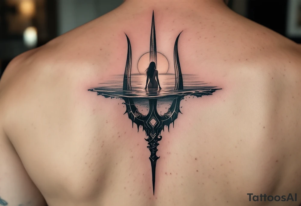 trident half way under calm water at sunset with topless woman tattoo idea