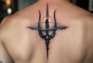 trident half way under calm water at sunset with topless woman tattoo idea