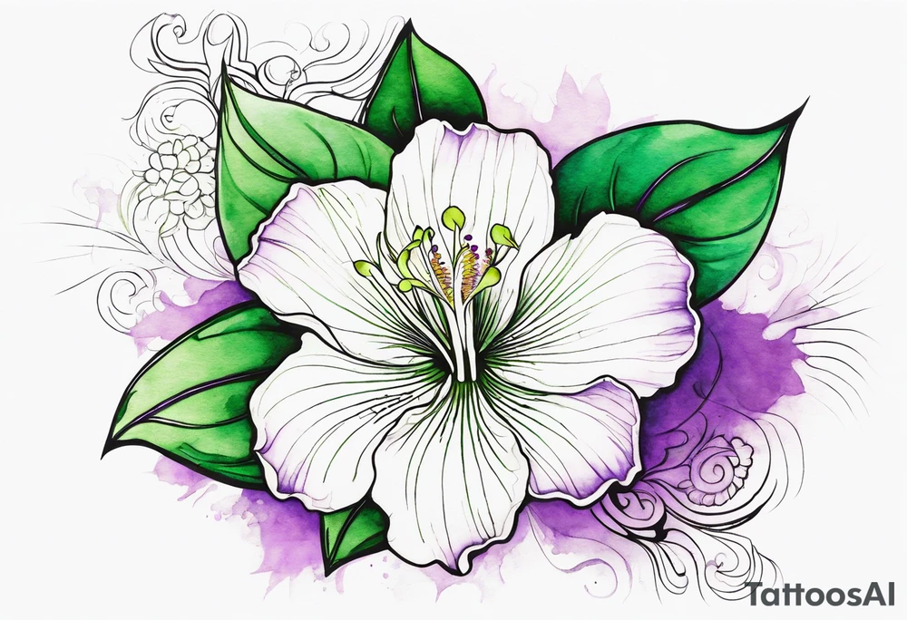 An outline of a rio dipladenia flower with a green and purple watercolor mix in the background tattoo idea