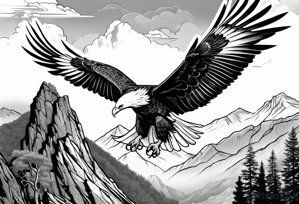 Eagle Attacking a White Dove on a tree limb in the mountains tattoo idea