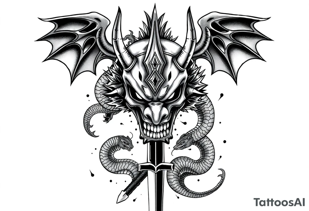 Back Tattoo with An Oni With a broken mask and a Sword, Dragons & snakes tattoo idea