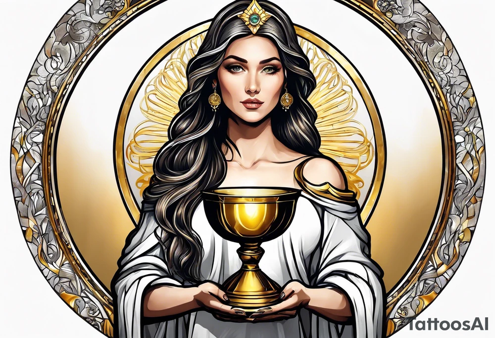 woman saint holding chalice surrounded by golden halo sideways tattoo idea