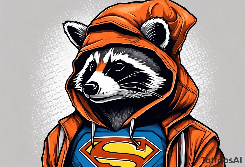 Raccoon wearing an orange Superman hoodie tattoo idea