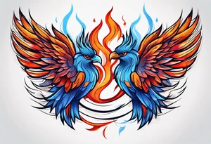 Minimalist lines twin flame blue red and orange mixed flame with some type of straight lines tattoo idea