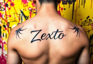 A bright colored graffiti style background with the name Zexto in script tattoo idea