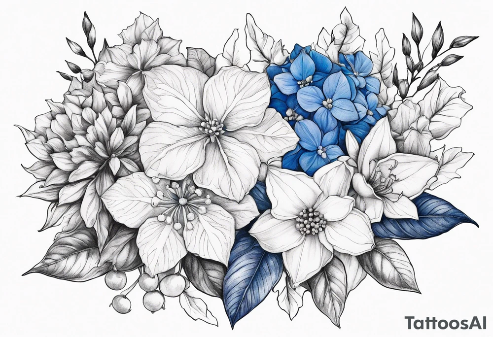 Blue Hydrangea, Narcissus, Poinsettia, Holly, Gladiolus, Poppy, Daisy, Sweet Pea floral bouquet tattoo idea