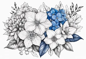 Blue Hydrangea, Narcissus, Poinsettia, Holly, Gladiolus, Poppy, Daisy, Sweet Pea floral bouquet tattoo idea