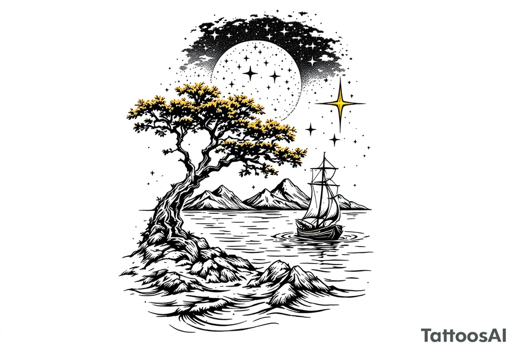 tattoo that has an acacia tree with mountains, ocean with a ship wreck and the northern star tattoo idea