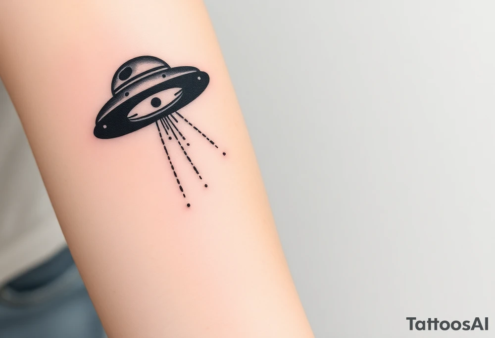 UFO abducting a black sheep. No color. Black and gray scale on back of arm above elbow tattoo idea