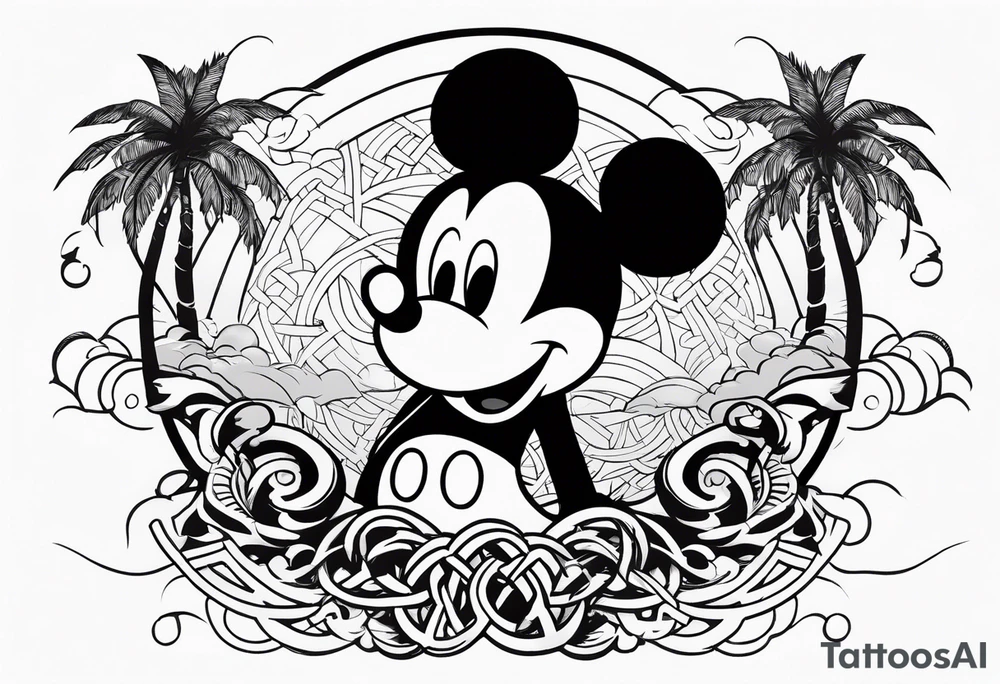 mickey mouse in a lightning storm with palm trees and the celtic symbol for family tattoo idea