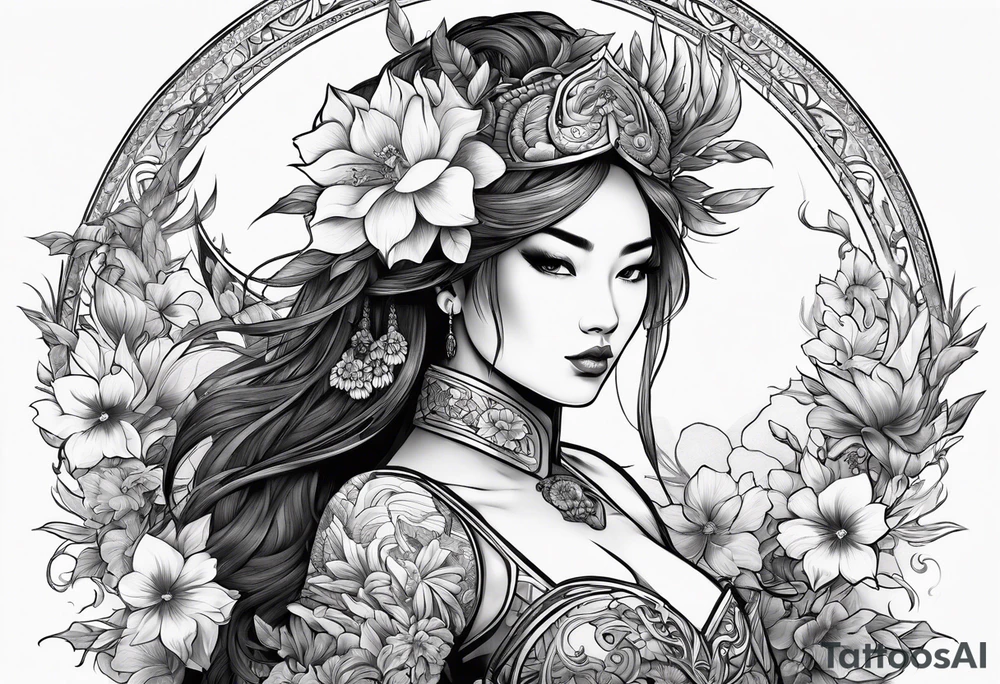 ornate beautiful woman warrior with weapon & floral surrounding tattoo from head to torso tattoo idea