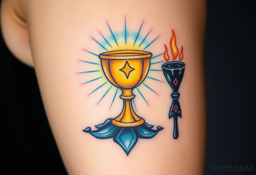 A radiant, holy grail, glowing with soft blues and golds, surrounded by soft rays of light, opposed to a dark chalice, dripping black liquid, with red glowing symbols and a menacing aura, symbolizing a search for purity and a thirst for darkness. tattoo idea