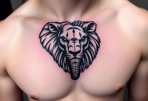 A half elephant half lion head divided by a vertical line tattoo idea