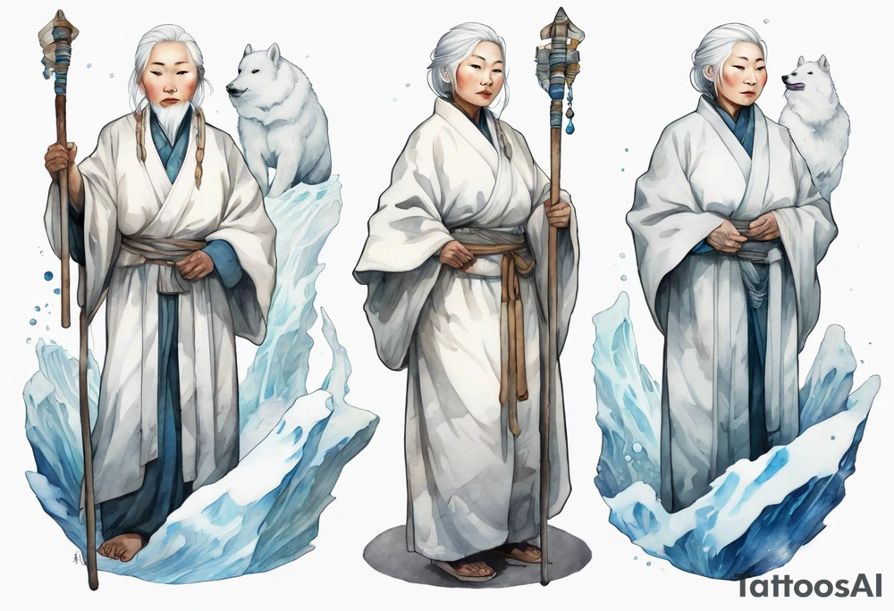 a 40 year old Inuit woman with white hair and a white robe holding a silver and white staff, standing on an iceberg tattoo idea