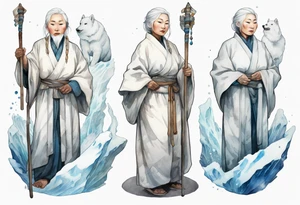 a 40 year old Inuit woman with white hair and a white robe holding a silver and white staff, standing on an iceberg tattoo idea