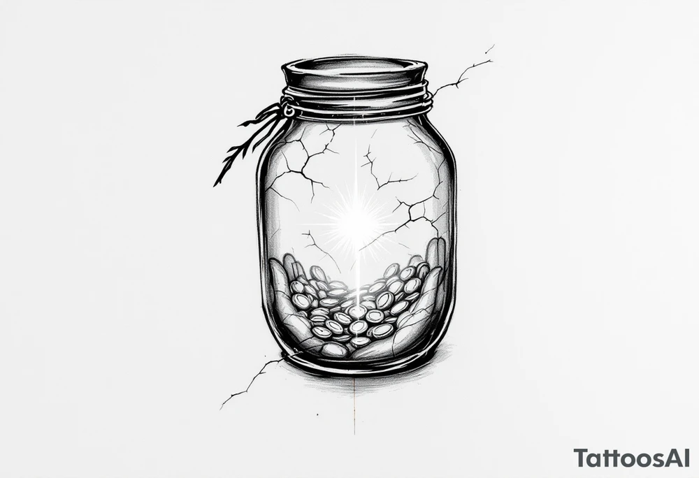 A black and white tattoo that captures both the fragility of the jar and the treasure inside can be incredibly symbolic. Here’s a refined concept that integrates both elements:

Cracked Jar with Glowing Treasure Inside:
- The Jar: The main design can be a clay jar, slightly cracked, representing human fragility.
- The Cracks: From the cracks in the jar, light pours out—symbolizing the divine treasure (God’s power) within. You can emphasize the cracks with golden lines (like kintsugi) to show that even in brokenness, there is beauty.
- The Treasure: Inside the jar, you could depict glowing treasures, such as gold coins, a radiant heart, or even spiritual symbols like a cross, a dove, or a light-filled crown. The treasure doesn’t have to be too literal—just enough to show that what’s inside is precious and divine.

### Additional Elements:
- Hands Holding the Jar: To further emphasize fragility and care, you could add divine or human hands gently holding the jar, symbolizing protection despite its weakness.
- Scriptural Reference: Around or beneath the jar, you could include "2 Corinthians 4:7" in a graceful script to anchor the design in its biblical meaning.
  
This concept unites the theme of human fragility and God's power, using the cracked jar as the vessel that reveals the treasure within. tattoo idea