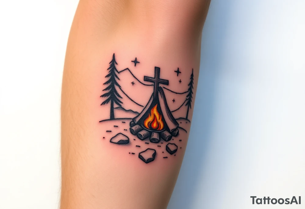 Campsite with a campfire with a cross tattoo idea