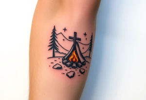 Campsite with a campfire with a cross tattoo idea