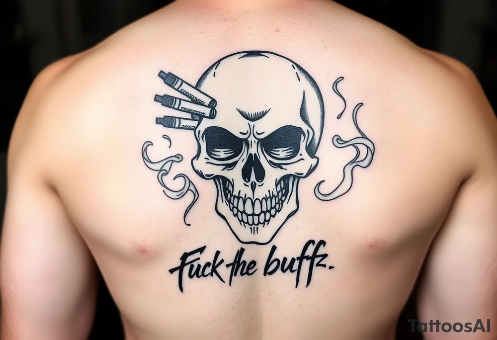 Graffiti type skull with markers and nibs around it with smoke that says fuck the buff tattoo idea