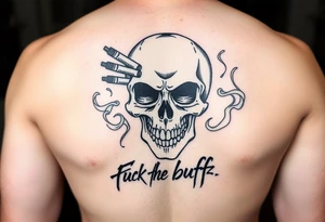 Graffiti type skull with markers and nibs around it with smoke that says fuck the buff tattoo idea