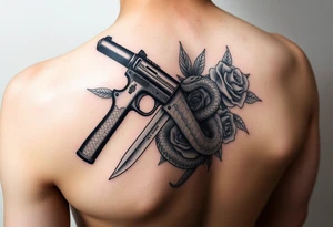 Handgun with knife with snake wrapped around it with roses tattoo idea