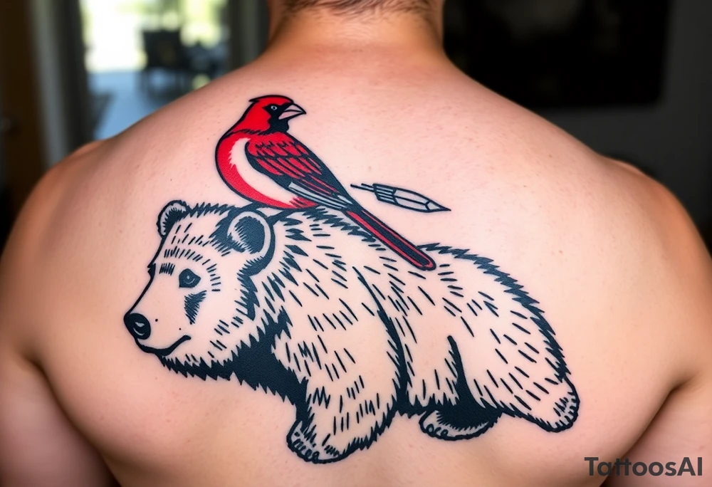 Realistic bright red cardinal perched on a bear. Native American vibes tattoo idea