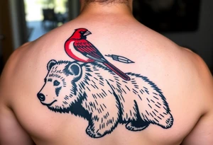 Realistic bright red cardinal perched on a bear. Native American vibes tattoo idea