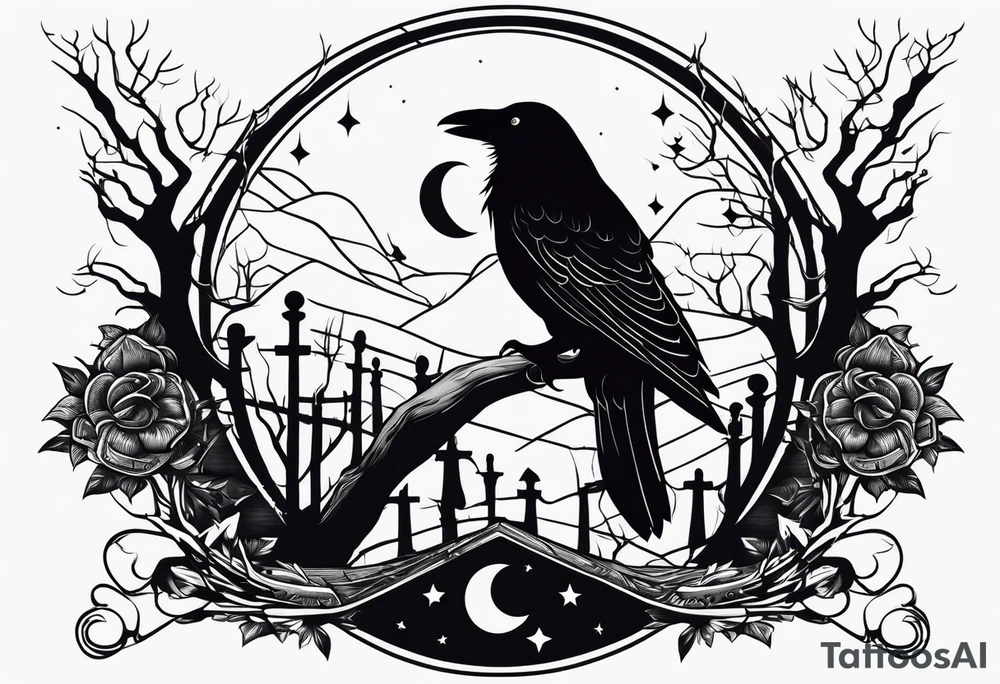 Half upper sleeve. Raven on a branch with candles and headstones and a moon in the background tattoo idea