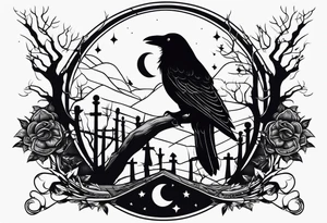 Half upper sleeve. Raven on a branch with candles and headstones and a moon in the background tattoo idea