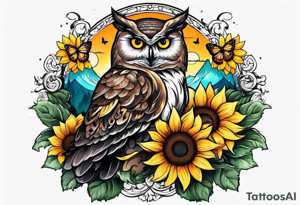 Sleeve with a owl sunflower and butterfly tattoo idea