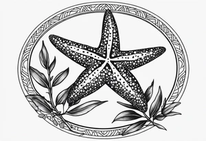 Two Starfish wrapped by olive branch in a circle tattoo idea