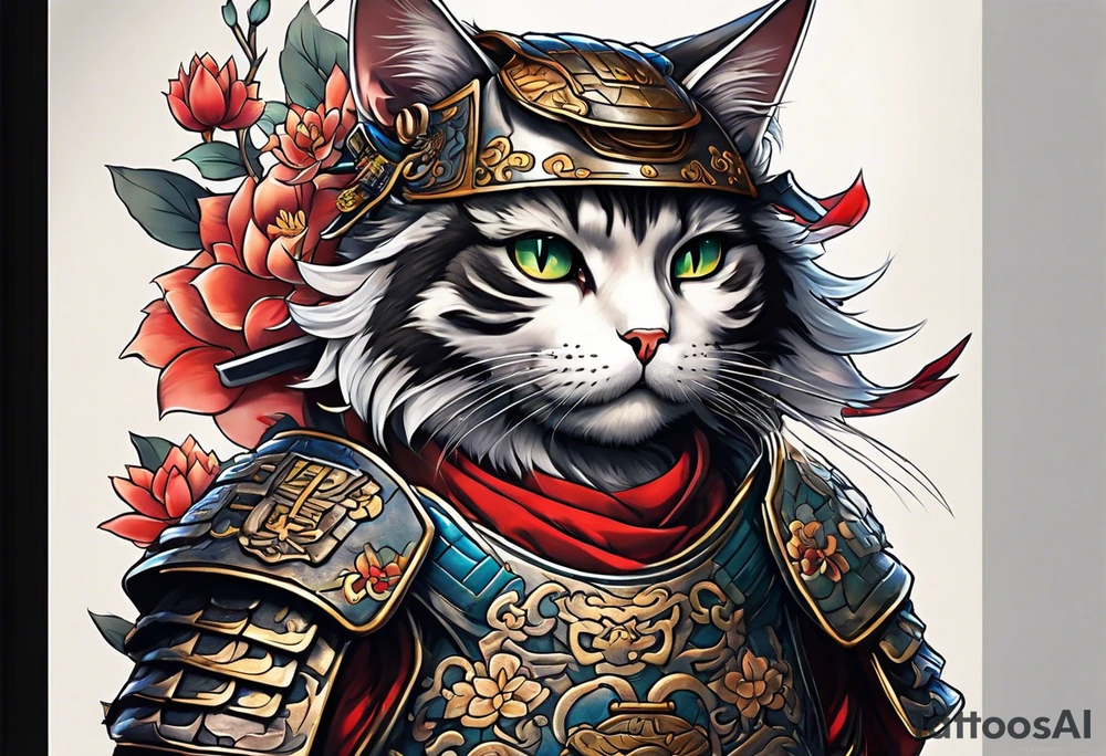 Full body of a cat in samurai armor tattoo idea