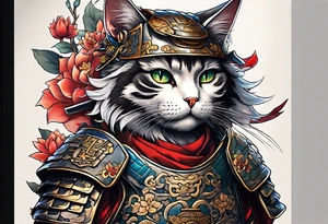Full body of a cat in samurai armor tattoo idea