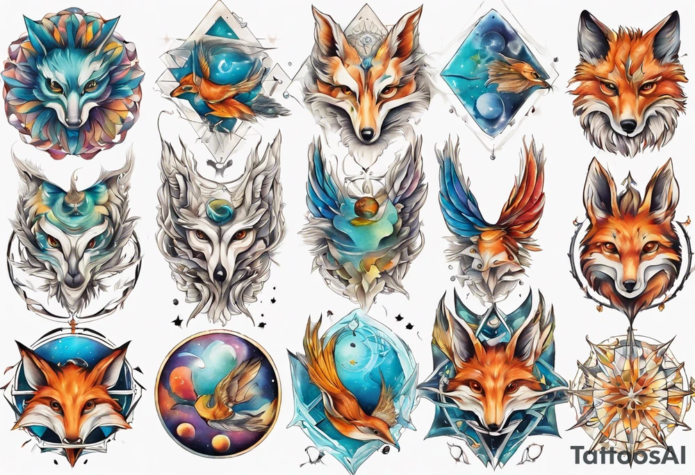 fisch, fuchs und eule , symetrie universum, bunt tattoo idea